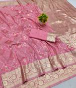 Pink zari woven banarasi silk blend saree with blouse piece