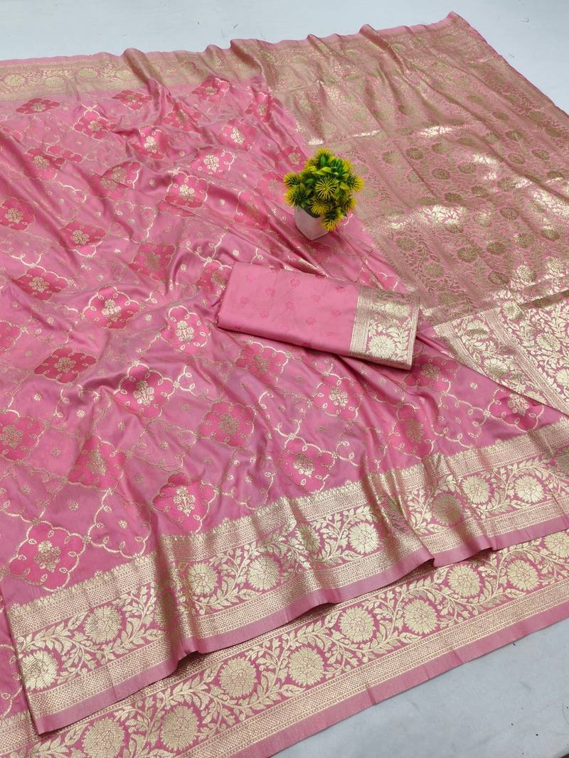 Pink zari woven banarasi silk blend saree with blouse piece