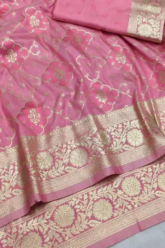 Pink zari woven silk blend saree with blouse piece