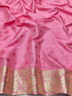 Pink zari woven silk blend saree with blouse piece 4