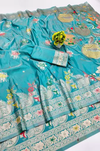 Light blue zari woven banarasi silk blend saree with blouse piece