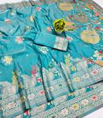 Light blue zari woven banarasi silk blend saree with blouse piece