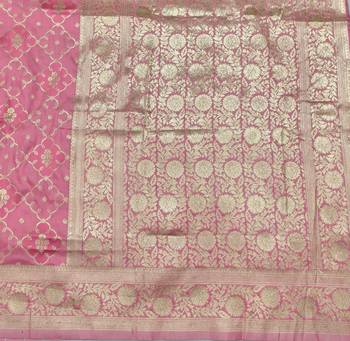 Pink zari woven silk blend saree with blouse piece 5
