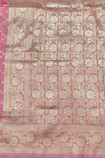 Pink zari woven silk blend saree with blouse piece