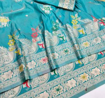 Light blue zari woven banarasi silk blend saree with blouse piece 3