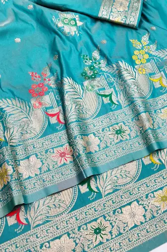 Light blue zari woven banarasi silk blend saree with blouse piece