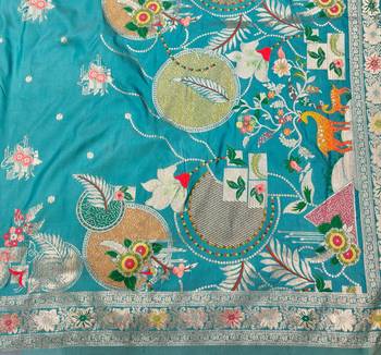 Light blue zari woven banarasi silk blend saree with blouse piece 5
