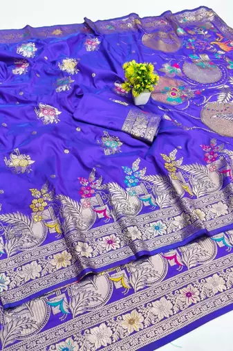 Purple zari woven banarasi silk blend saree with blouse piece