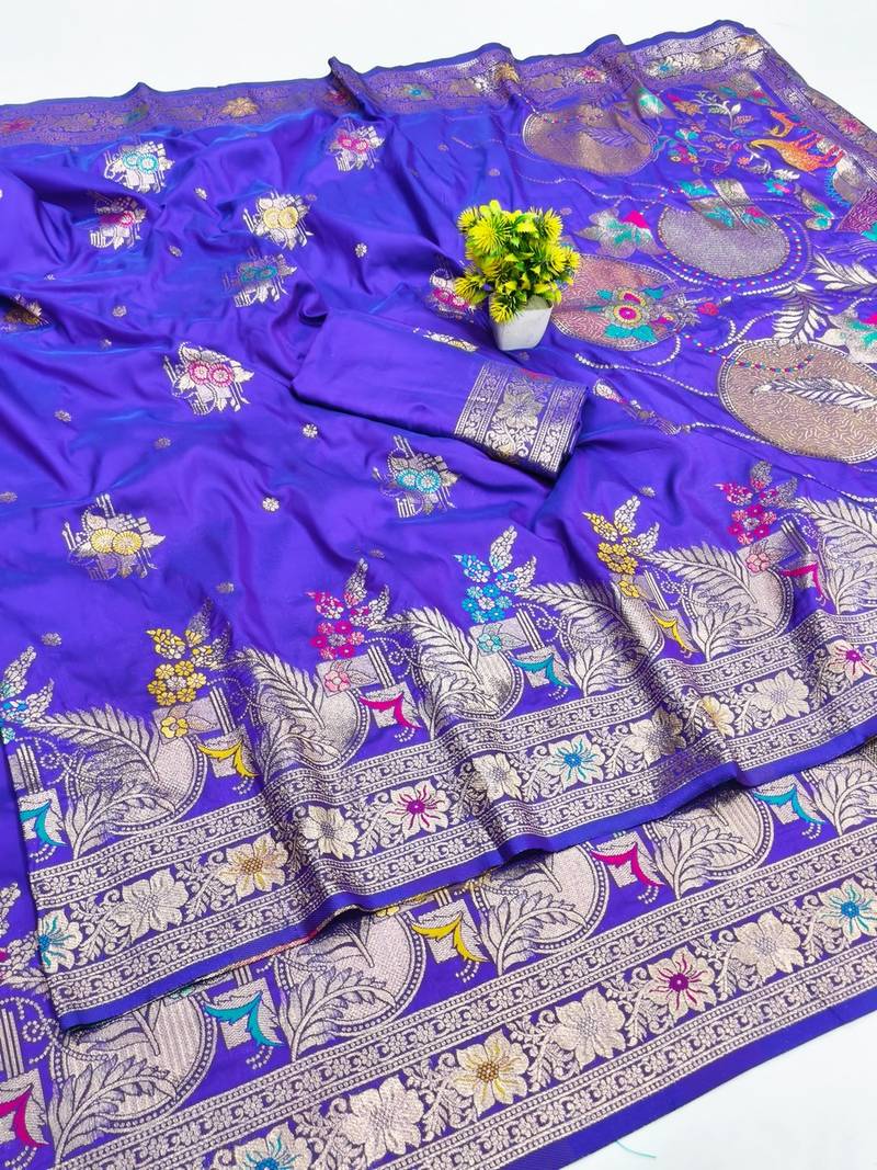 Purple zari woven banarasi silk blend saree with blouse piece