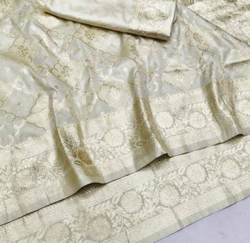 Cream zari woven silk blend saree with blouse piece 3