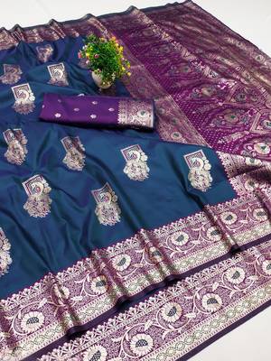 Blue zari woven silk blend saree with blouse piece 1