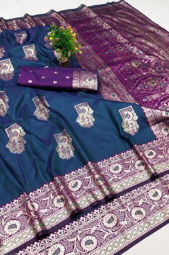 Blue zari woven banarasi silk blend saree with blouse piece