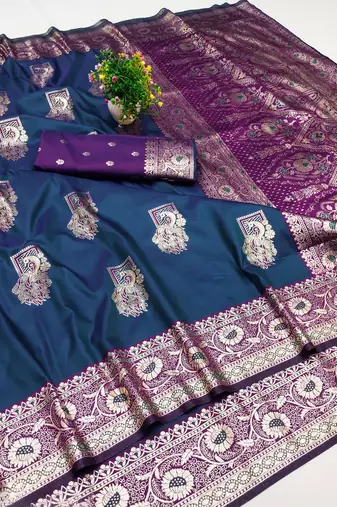 Blue zari woven banarasi silk blend saree with blouse piece
