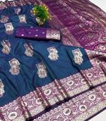 Blue zari woven banarasi silk blend saree with blouse piece