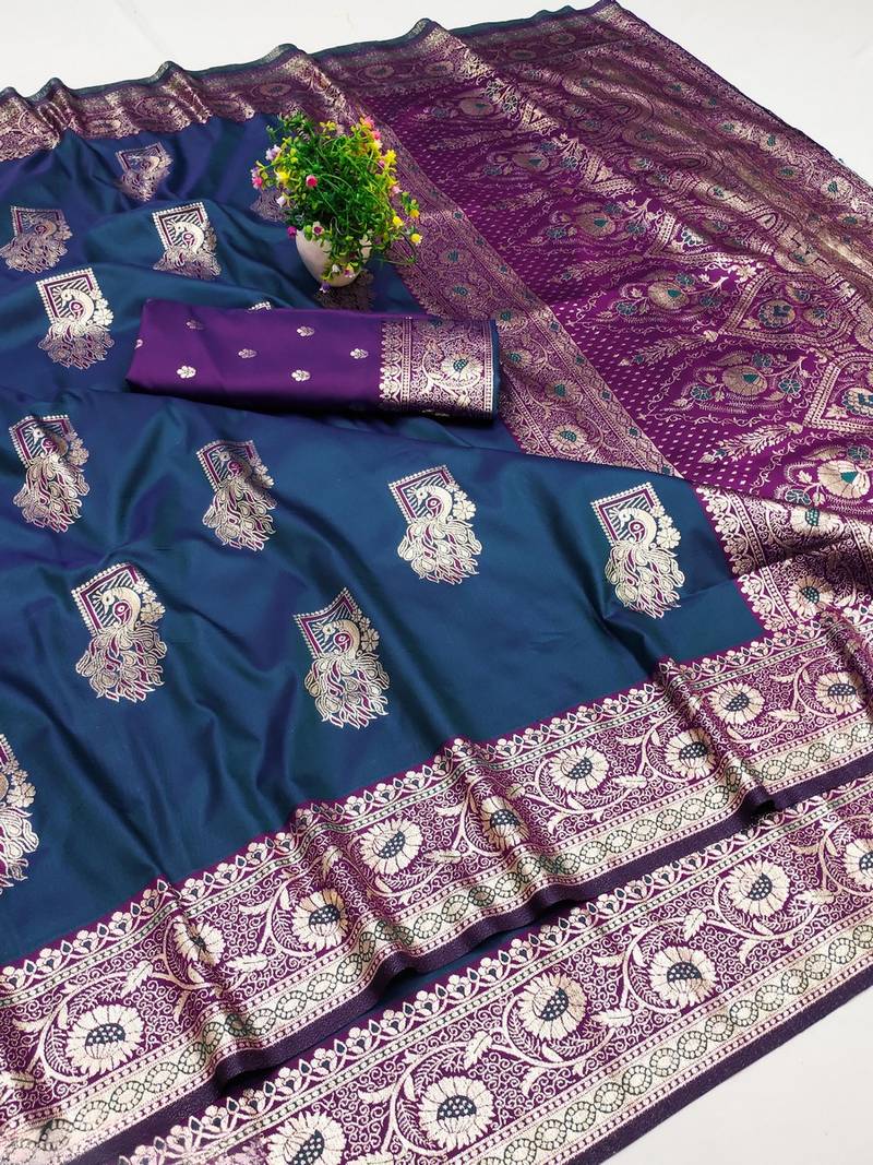 Blue zari woven banarasi silk blend saree with blouse piece