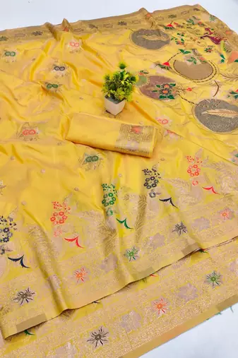 Gold zari woven banarasi silk blend saree with blouse piece