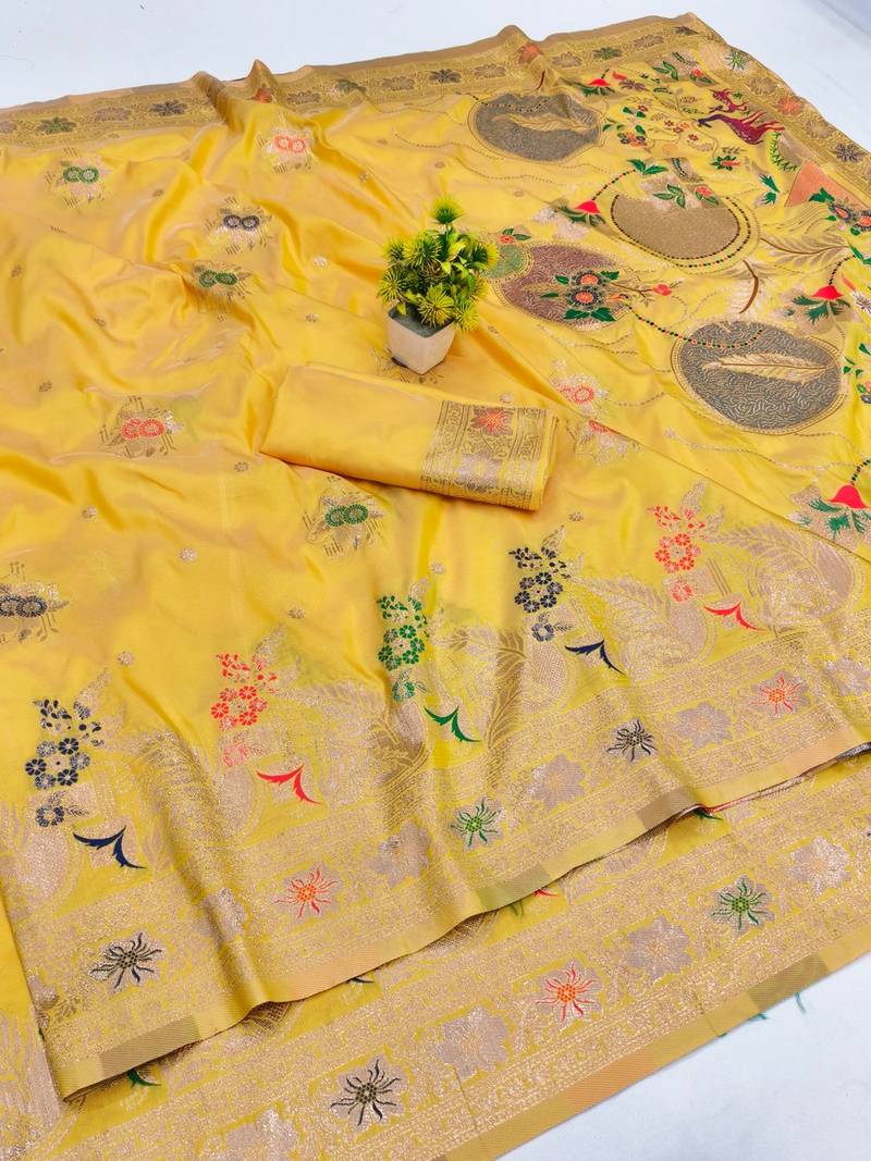 Gold zari woven banarasi silk blend saree with blouse piece