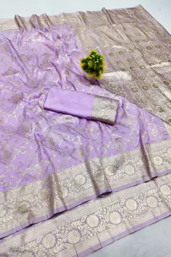 Lavender zari woven banarasi silk blend saree with blouse piece