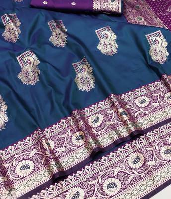 Blue zari woven silk blend saree with blouse piece 2
