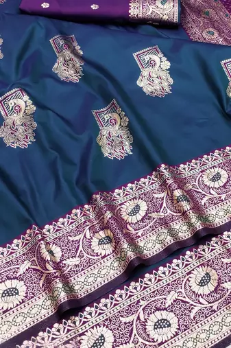 Blue zari woven silk blend saree with blouse piece