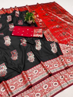 Black zari woven silk blend saree with blouse piece 1