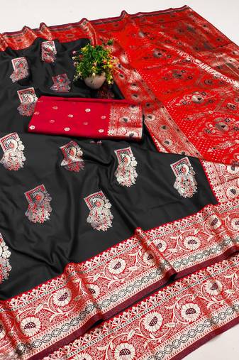 Black zari woven silk blend saree with blouse piece