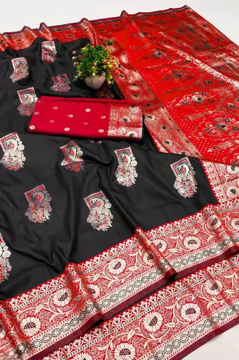 Black zari woven banarasi silk blend saree with blouse piece