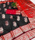 Black zari woven banarasi silk blend saree with blouse piece