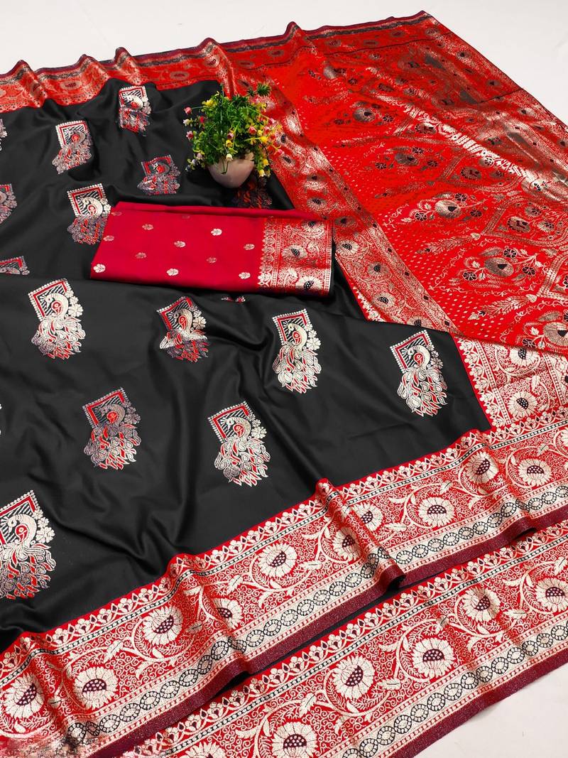 Black zari woven banarasi silk blend saree with blouse piece