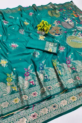 Rama zari woven banarasi silk blend saree with blouse piece