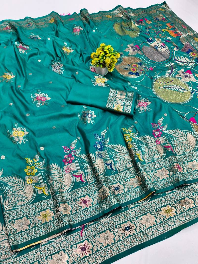 Rama zari woven banarasi silk blend saree with blouse piece