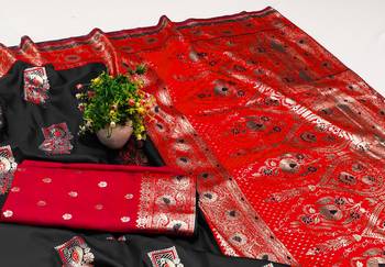 Black zari woven silk blend saree with blouse piece 2