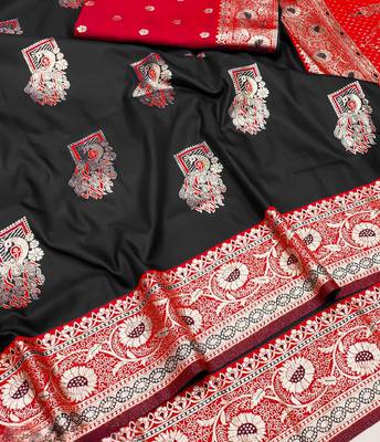 Black zari woven silk blend saree with blouse piece 3
