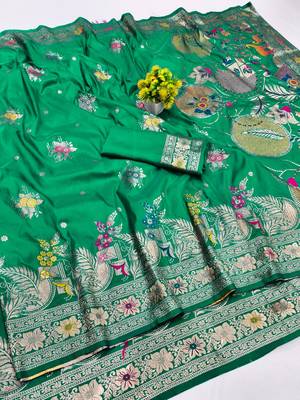 Green zari woven silk blend saree with blouse piece 1