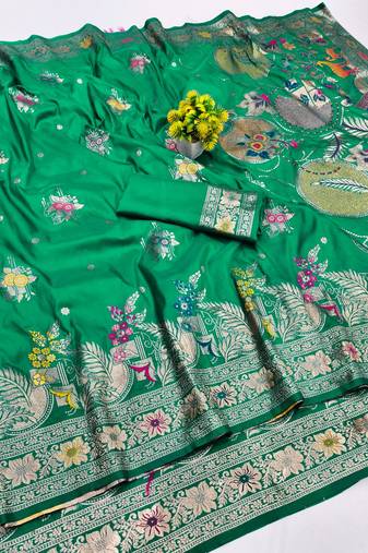 Green zari woven banarasi silk blend saree with blouse piece