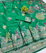 Green zari woven banarasi silk blend saree with blouse piece