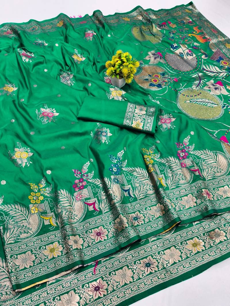 Green zari woven banarasi silk blend saree with blouse piece