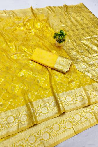 Yellow zari woven banarasi silk blend saree with blouse piece