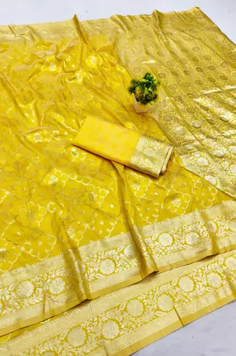 Yellow zari woven banarasi silk blend saree with blouse piece