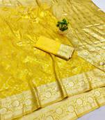 Yellow zari woven banarasi silk blend saree with blouse piece