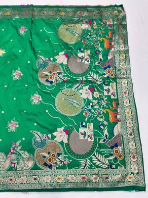 Green zari woven silk blend saree with blouse piece 2