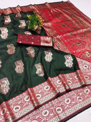 Green zari woven silk blend saree with blouse piece 1
