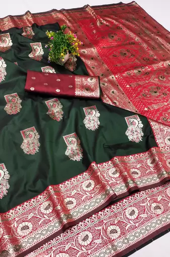 Green zari woven banarasi silk blend saree with blouse piece