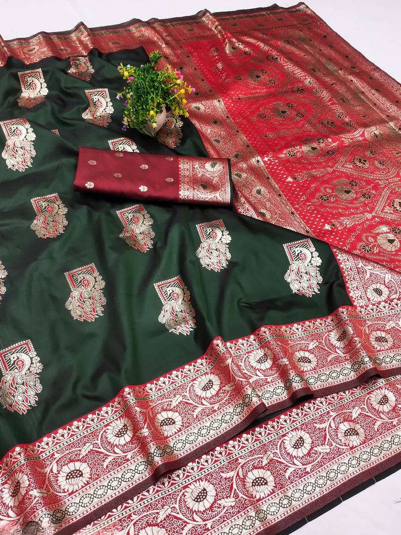 Green zari woven banarasi silk blend saree with blouse piece