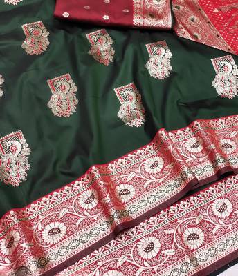 Green zari woven silk blend saree with blouse piece 2