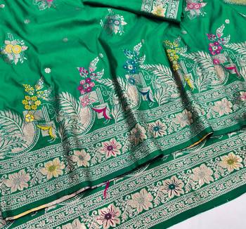 Green zari woven silk blend saree with blouse piece 3