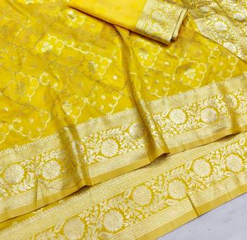 Yellow zari woven silk blend saree with blouse piece 3