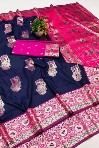 Dark blue zari woven silk blend saree with blouse piece