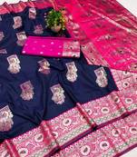 Dark blue zari woven banarasi silk blend saree with blouse piece