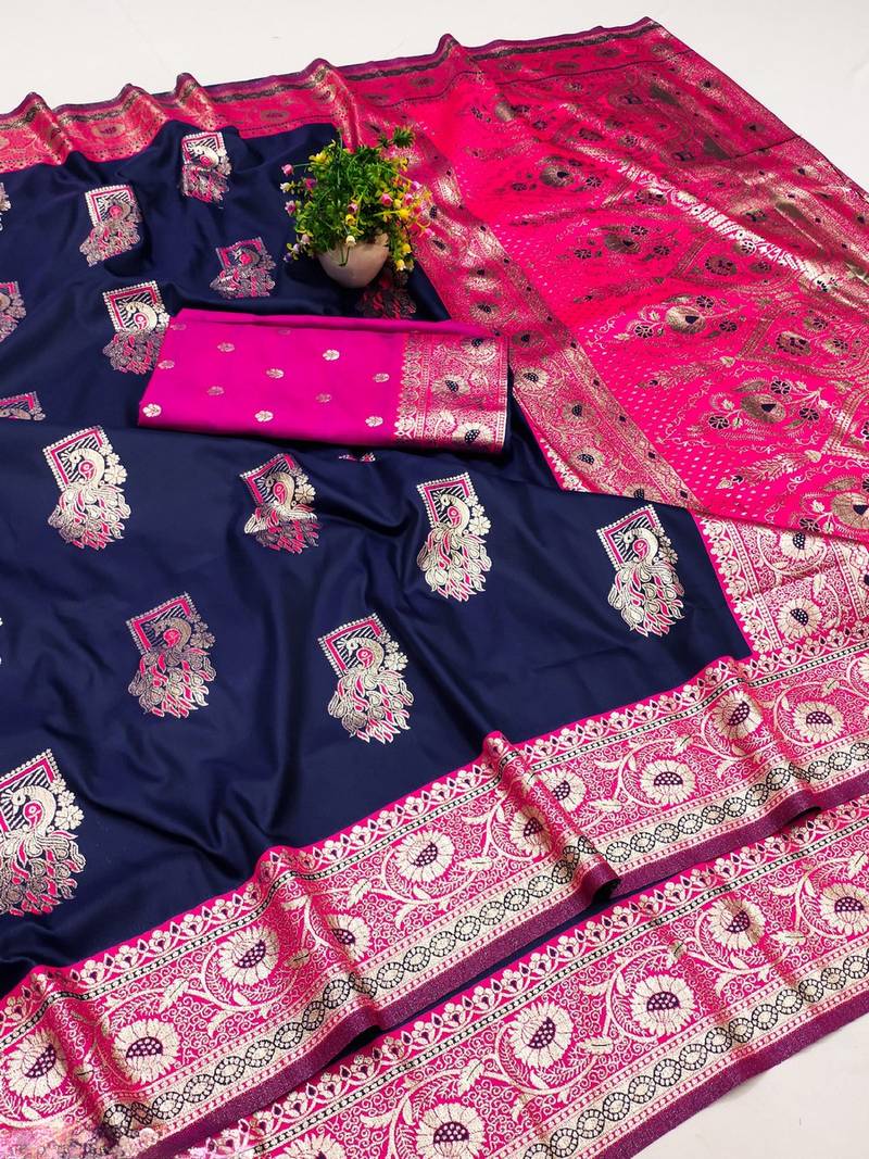 Dark blue zari woven banarasi silk blend saree with blouse piece